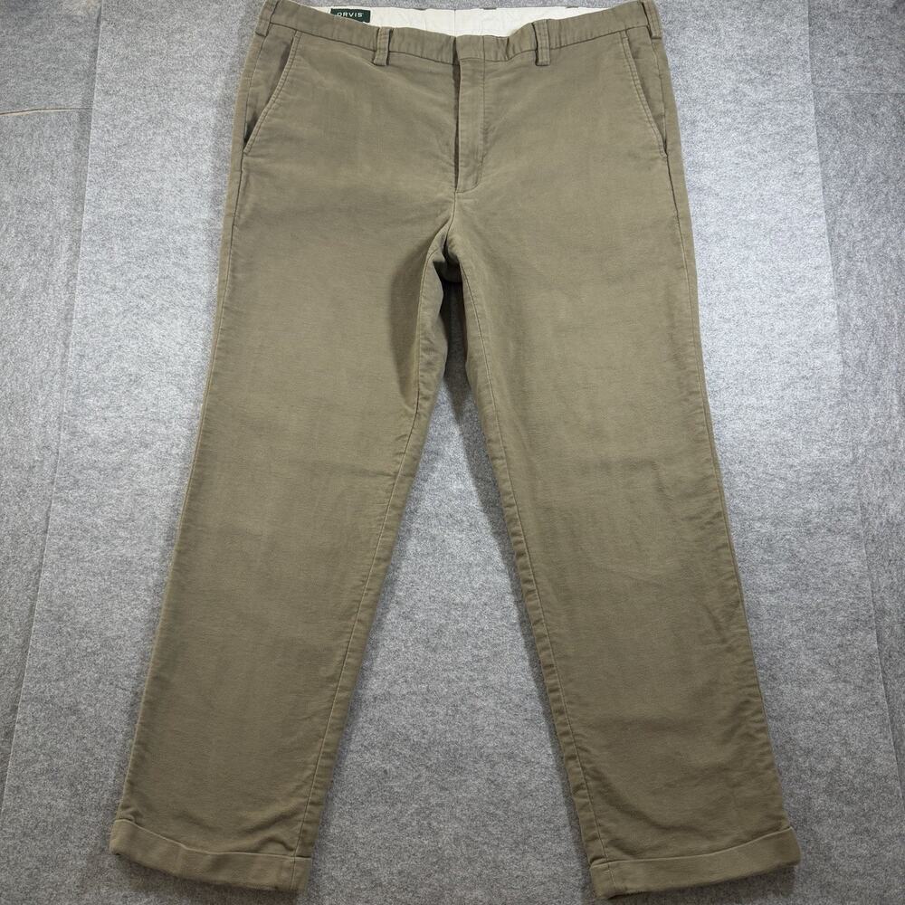 Orvis Brushed Twill Pants Mens 42 Khaki Heavyweight Flat Front Chino Workwear